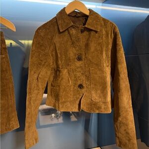 Womens Brown Suede Button-Front Jacket